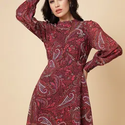 Gipsy Ethnic Motifs Printed Round Neck Cuffed Sleeve Georgette A-Line Dress-picture-14