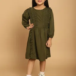 MINI & MING Girls Self Design Round Neck Knee Length Crepe A-Line Dress-picture-51