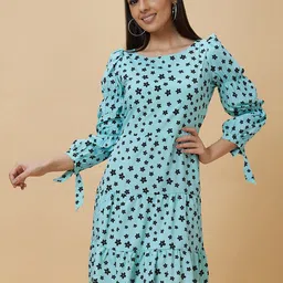 Globus Blue Floral Printed Puff Sleeves Gathered A-Line Dress-image-1