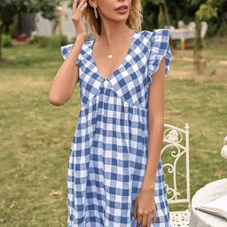 StyleCast x Revolte Blue Checked Flutter Sleeve Empire Dress-picture-18