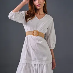 AND V-Neck Cuffed Sleeves Cotton A-Line Dress-picture-33