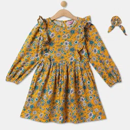 R&B Yellow Floral Printed Puff Sleeve Cotton A-Line Dress-picture-15