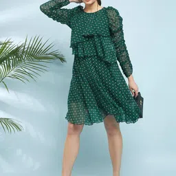 Antheaa Green Polka Dot Printed Round Neck Flared A-Line Dress-picture-25