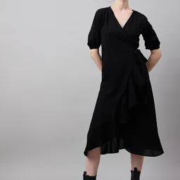 The Roadster Lifestyle Co. V Neck Puff Sleeves A-Line Knee Length Dress-picture-11