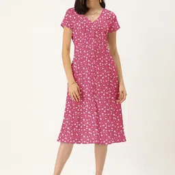 DressBerry Women Pink V Neck Floral A-Line Dress-image-7