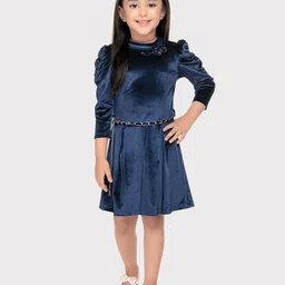 Tiny Baby Girls Halter Neck Three Quarter Puff Sleeves Knee Length Velvet Dress with Belt-picture-53