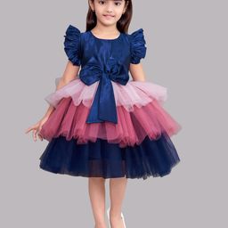 Pink Chick Navy Blue & Pink Colourblocked Layered Satin Dress-picture-29