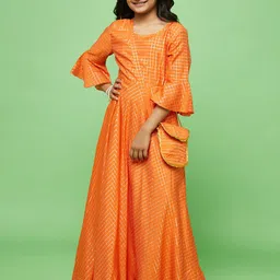 Aks Kids Girls Checked Bell Sleeves Maxi Ethnic Dress With Bag-picture-53