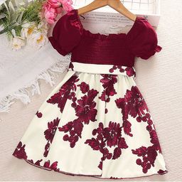 StyleCast Maroon Girls Floral Print Puff Sleeve Fit & Flare Dress-picture-36