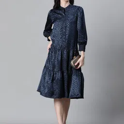 Oxolloxo Self Design Mandarin Collar Puff Sleeve Tiered Satin Shirt Dress-picture-15