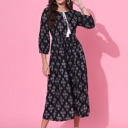 DECKEDUP Geometric Printed Tie Up Neck A-Line Midi Dress-picture-22