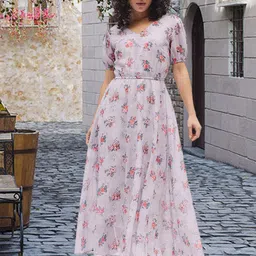 DressBerry Floral Printed Puff Sleeve Georgette Maxi Dress-image-42