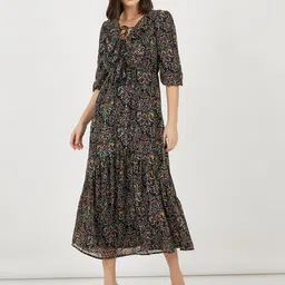 Styli Women Printed Ruffle Neck Puff Sleeves A-Line Maxi Dress-image-64