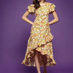 Oomph! Floral Printed Ruffled Crepe A-Line Midi Dress-picture-28