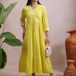 Vishudh Floral Embroidered Gathered  A Line Midi Dress-image-96