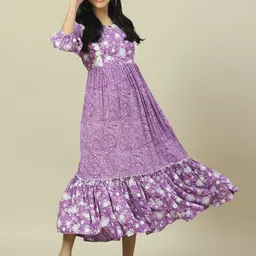 Rangriti Round Neck Puff Sleeves Ethnic Motifs Print A-Line Midi Dress-picture-20