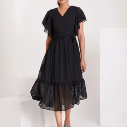 FLOWERVELLY Self Designed Flutter Sleeve Georgette Wrap Midi Dress-picture-11