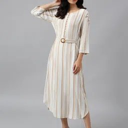 W White & Beige Striped A-Line Midi Dress-picture-29
