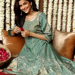 AURELIA Green & Gold-Toned Ethnic Motifs Printed A-Line Midi Dress-image-58