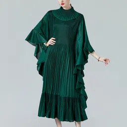 JC Collection Self Design Mock Neck Flared Sleeves Tiered & Pleated A-Line Midi Dress-image-2