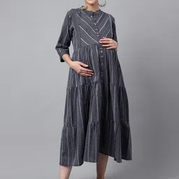 Negen Striped Tiered Cotton Maternity A-Line Midi Dress With Feeding Zip-image-1