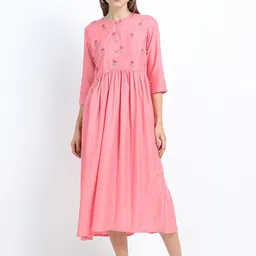 Vishudh Women Pink Floral Embroidered Ethnic A-Line Midi Dress-picture-27