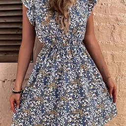 StyleCast Blue Floral Print Smocked Fit and Flare Mini Dress-image-3