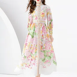JC Collection Floral Printed Mandarin Collar Cuffed Sleeves Maxi Dress-image-74