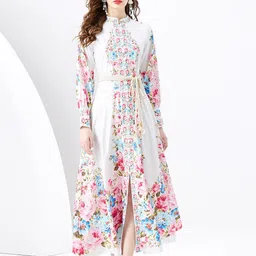 JC Collection Floral Printed Mandarin Collar A-Line Midi Dress-image-67