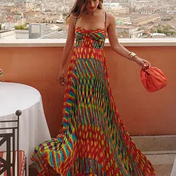 LULU & SKY Printed Shoulder Straps Pleated Maxi Dress image 1