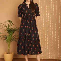 KALINI Floral Printed Mandarin Collar Gathered Tiered Cotton Fit & Flare Midi Dress-picture-11
