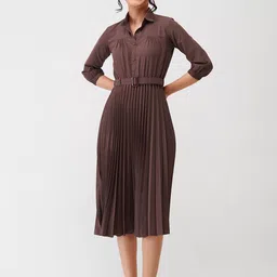 AASK Coffee Striped Crepe Shirt Midi Dress-picture-13