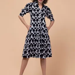 Hive91 Geometric Printed Shirt Collar Fit & Flare Dress-picture-26