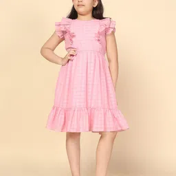 FASHION DREAM Girls Checked Flutter Sleeve Ruffled Fit & Flare Dress-image-78