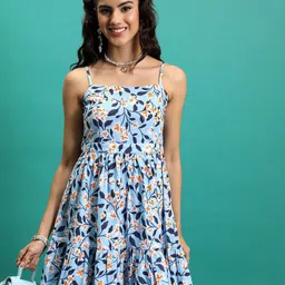 Tokyo Talkies Blue Floral Printed Shoulder Straps Cotton Fit & Flare Dress-picture-23