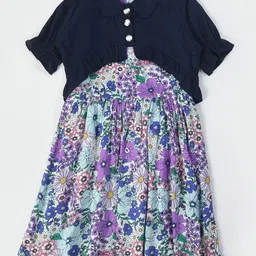 Bella Moda Girls Floral Printed Puff Sleeves Pure Cotton Fit & Flare Dress-picture-13