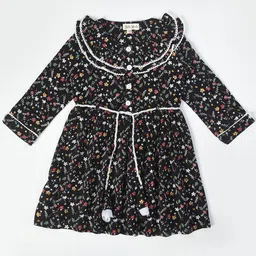 Bella Moda Girls Floral Printed Round Neck Ruffled Cotton Fit & Flare Dress-picture-51