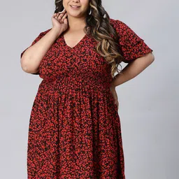 Oxolloxo Plus Size Floral Printed V-Neck Flared Sleeves Fit & Flare Dress-image-48