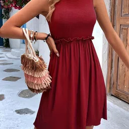 StyleCast Maroon Ruffle Waist Detailed Fit & Flare Dress image 1