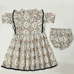 Bella Moda Girls Ethnic Motifs Printed Gathered Detailed Pure Cotton Fit & Flare Dress-picture-10