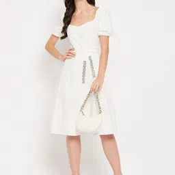 CAMLA Puff Sleeves Cotton Fit & Flare Dress With Embellished Belt-picture-13