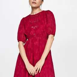 AND Maroon Puff Sleeve Fit & Flare Dress-image-31