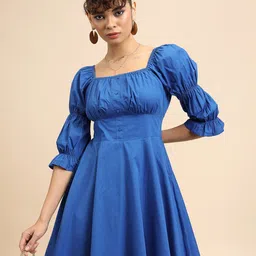 Tokyo Talkies Blue Square Neck Puff Sleeves Gathered Detailed Cotton Fit & Flare Dress-picture-33