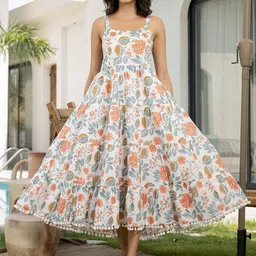 KALINI Women Cotton Floral Printed Pom-Pom Detail Fit & Flare Dress-image-66