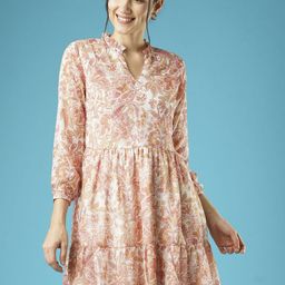 Globus Print Mandarin Collar Puff Sleeve Fit & Flare Dress-picture-34