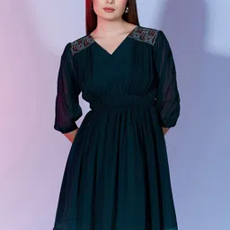 DressBerry Teal & White V-Neck Embroidered Georgette Fit & Flare Dress-image-11