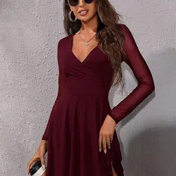 StyleCast Maroon V-Neck Net A-Line Dress-picture-32