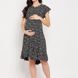 Hypernation Black Floral Print Maternity Fit & Flare Dress-picture-23