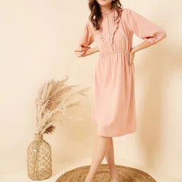 RARE Peach-Coloured Gathered Bell Sleeve Fit & Flare Dress image 1
