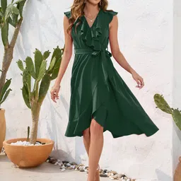 StyleCast Green Flutter Sleeve Satin Fit & Flare Dress-image-83